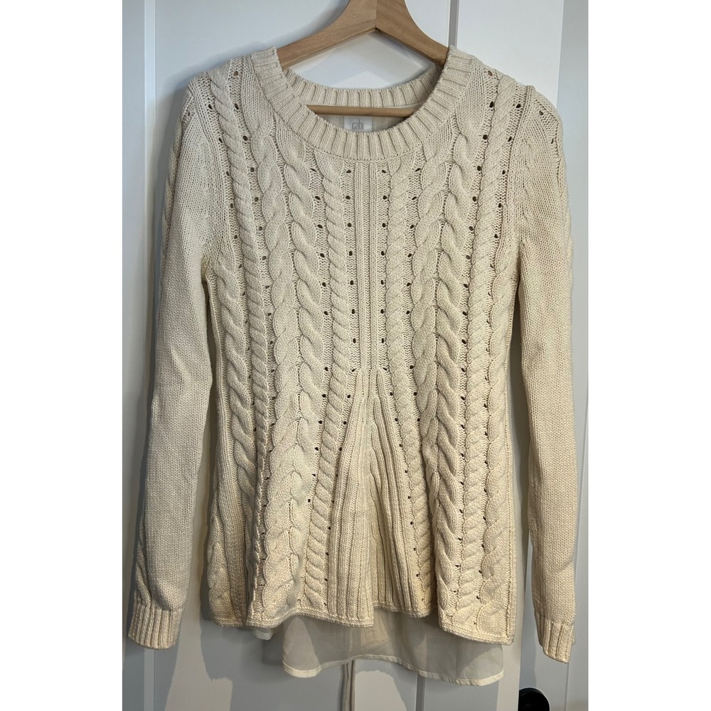 Cabi 3157 Women Cream Cable Knit Lace Up Back Chiffon Hem Sweater Small‎